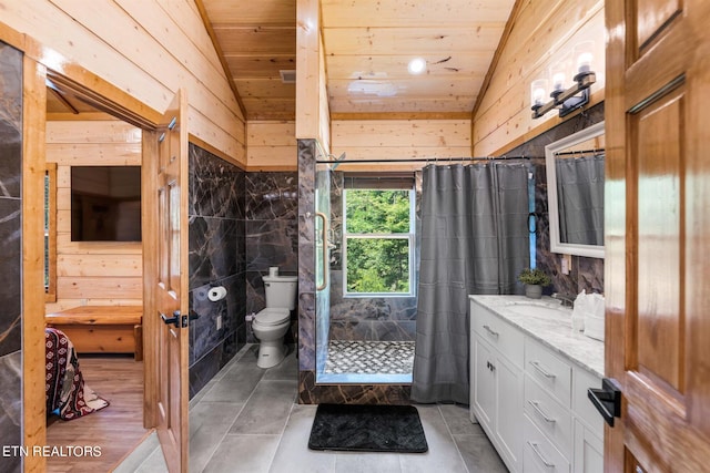 bathroom featuring lofted ceiling, wood ceiling, and toilet