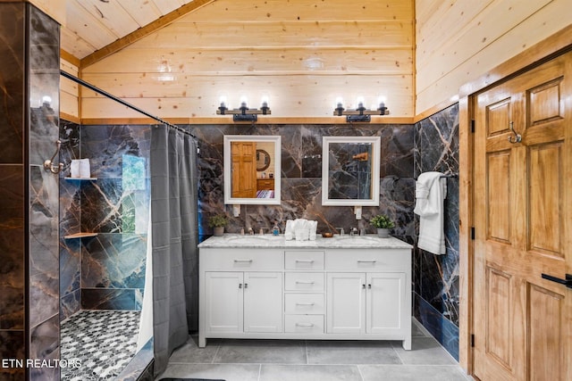 bathroom featuring vaulted ceiling, tile walls, a shower with shower curtain, tile flooring, and wood ceiling