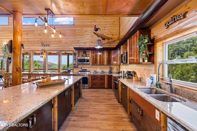 kitchen with a wealth of natural light, wood walls, appliances with stainless steel finishes, and sink