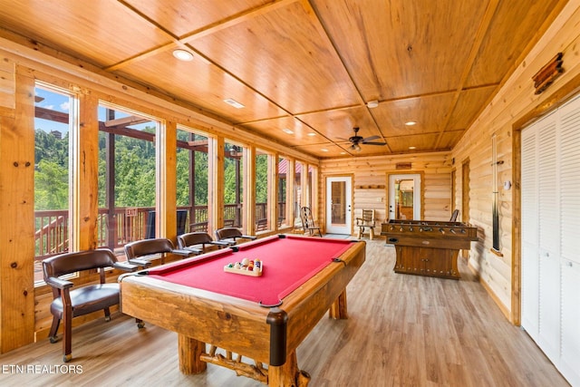 playroom with wooden ceiling, hardwood / wood-style flooring, ceiling fan, and pool table