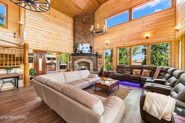 living room with a fireplace, wood ceiling, wooden walls, high vaulted ceiling, and hardwood / wood-style flooring