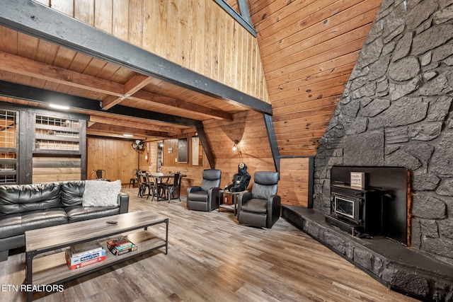 living room featuring a wood stove, beam ceiling, wooden walls, and hardwood / wood-style flooring