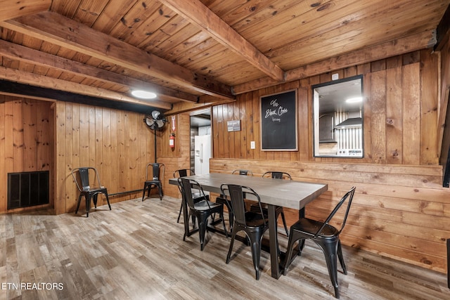 dining room with beam ceiling, wooden ceiling, wood walls, and light hardwood / wood-style flooring