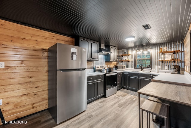 kitchen featuring light wood-type flooring, appliances with stainless steel finishes, wooden walls, wall chimney exhaust hood, and wood ceiling