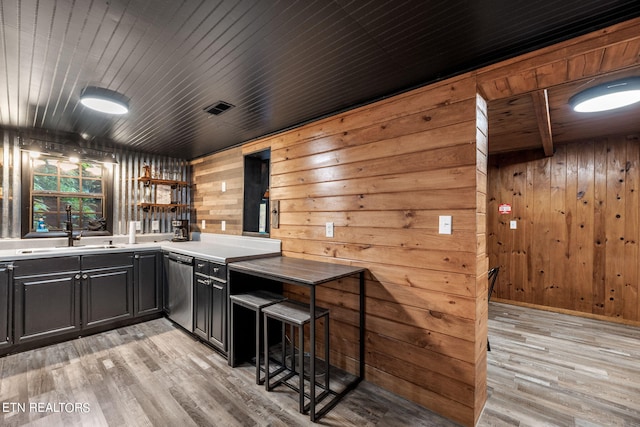 bar with wooden ceiling, sink, light wood-type flooring, and wood walls