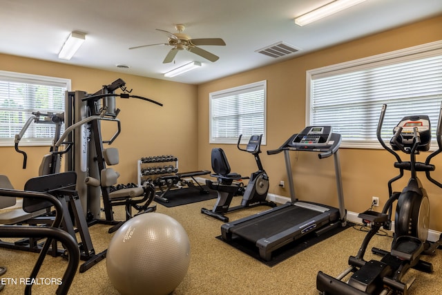 workout area featuring ceiling fan and a wealth of natural light