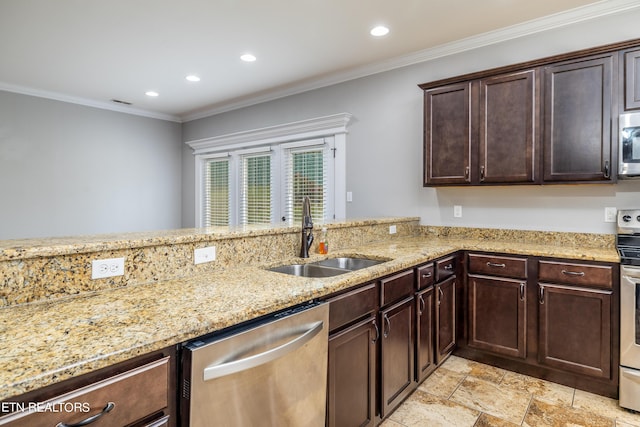 kitchen featuring kitchen peninsula, stainless steel appliances, crown molding, light stone counters, and sink