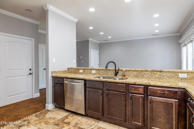 kitchen with light stone countertops, ornamental molding, dishwasher, and sink