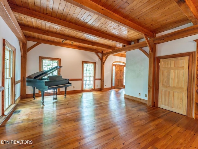 interior space with wood ceiling, beamed ceiling, and light hardwood / wood-style flooring