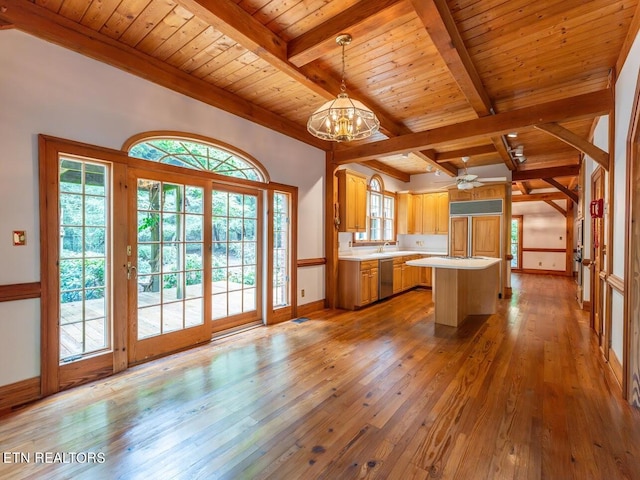 kitchen featuring wooden ceiling, plenty of natural light, hardwood / wood-style floors, and a center island