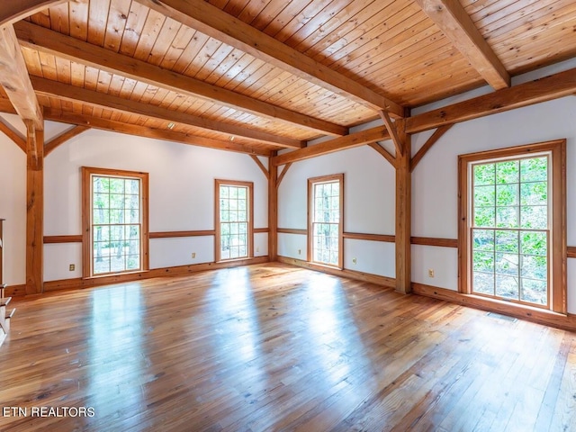 spare room with beamed ceiling, hardwood / wood-style flooring, and a healthy amount of sunlight