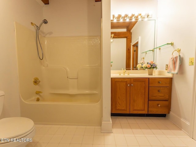 bathroom featuring toilet, vanity, shower / bath combination, and tile patterned floors