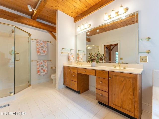 bathroom featuring an enclosed shower, tile patterned floors, wooden ceiling, toilet, and vanity