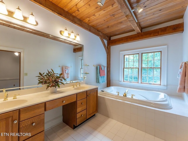 bathroom featuring tile patterned flooring, tiled tub, wooden ceiling, and vanity