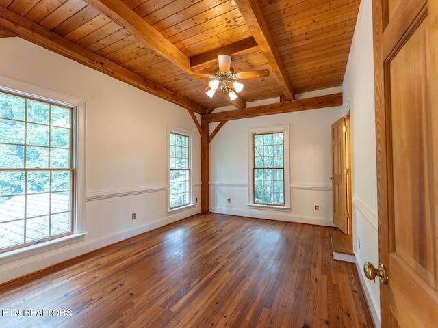 unfurnished room featuring hardwood / wood-style floors, wood ceiling, beamed ceiling, and ceiling fan