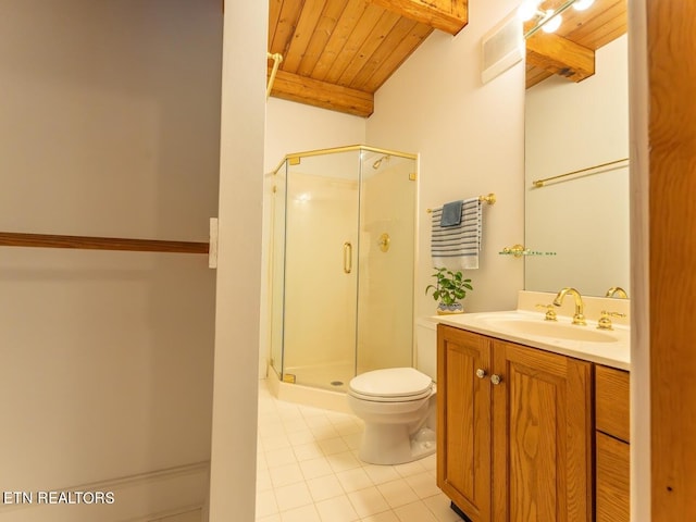 bathroom featuring a shower with door, tile patterned floors, wood ceiling, toilet, and vanity