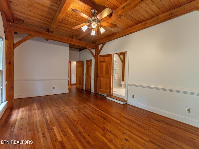 empty room featuring ceiling fan, wood-type flooring, and wooden ceiling