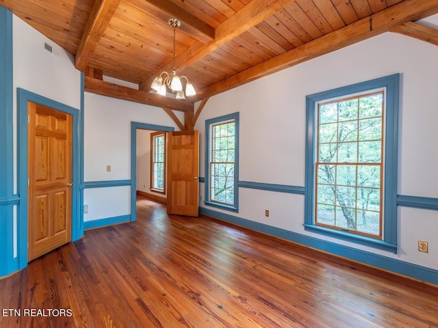 empty room with a notable chandelier, wood ceiling, lofted ceiling with beams, wood finished floors, and visible vents