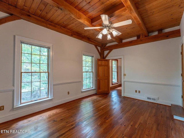 empty room featuring wood ceiling, wood finished floors, visible vents, baseboards, and beamed ceiling