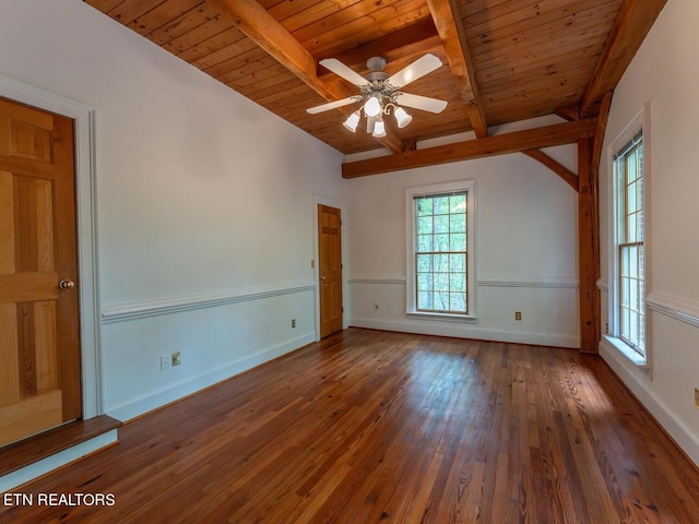 empty room featuring dark wood-type flooring, vaulted ceiling with beams, ceiling fan, and wood ceiling