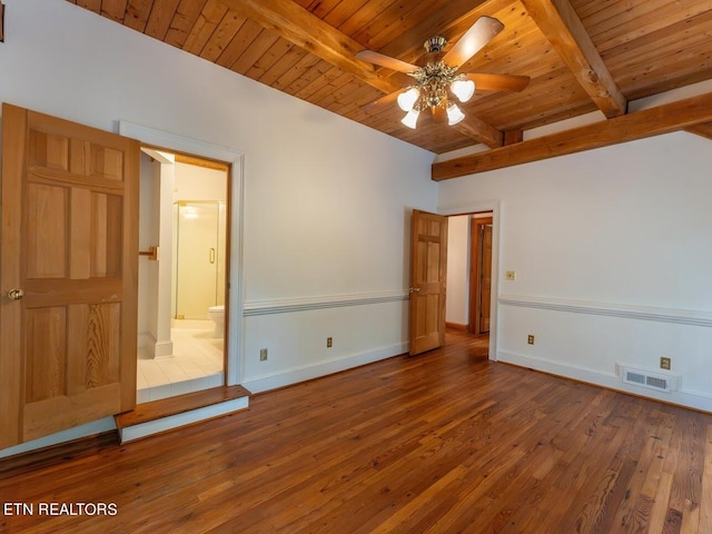 unfurnished room featuring wooden ceiling, wood-type flooring, beam ceiling, and ceiling fan