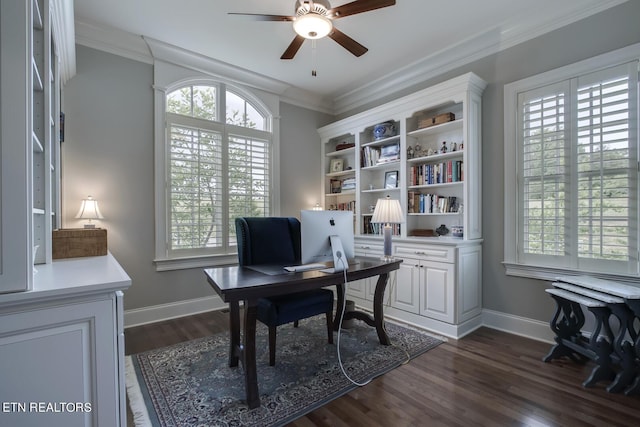 office space with ceiling fan, dark hardwood / wood-style flooring, and crown molding