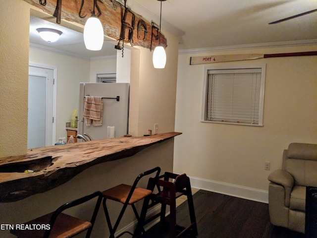 kitchen featuring fridge, decorative light fixtures, dark hardwood / wood-style floors, and crown molding