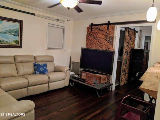 living room with dark hardwood / wood-style floors, ceiling fan, and crown molding