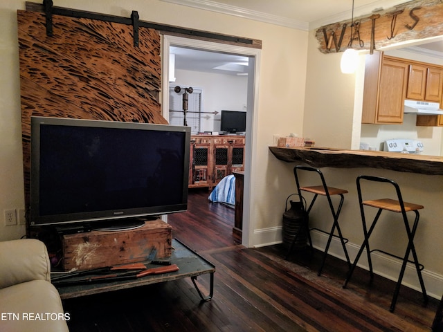 living room with crown molding and dark wood-type flooring