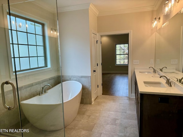 bathroom with tile patterned floors, a washtub, crown molding, and vanity