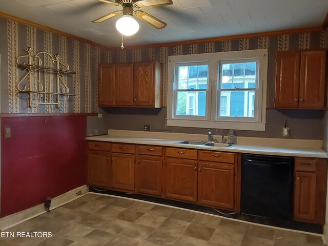 kitchen with ceiling fan, sink, and black dishwasher