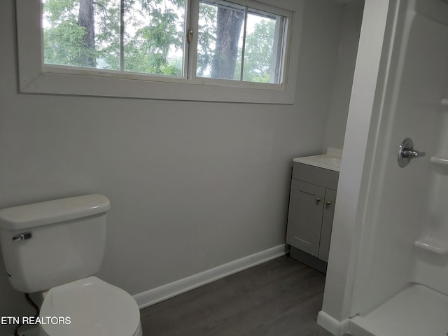 bathroom with vanity, toilet, and wood-type flooring