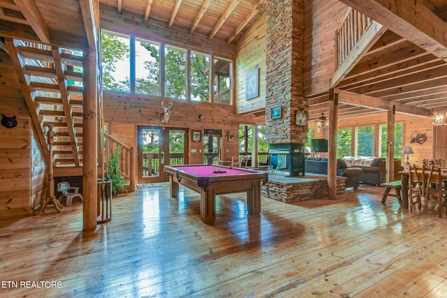 playroom featuring wooden walls, high vaulted ceiling, wooden ceiling, hardwood / wood-style floors, and pool table