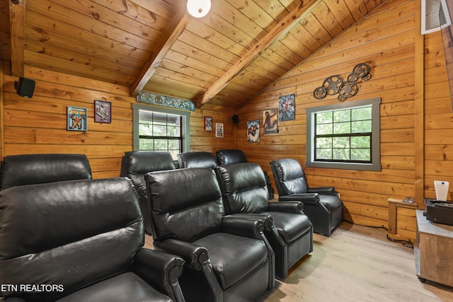 cinema featuring wooden ceiling, light hardwood / wood-style flooring, lofted ceiling with beams, and wooden walls