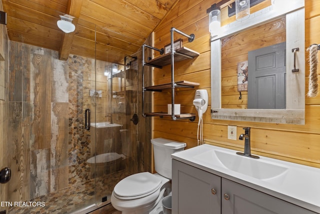 bathroom featuring vaulted ceiling with beams, a shower with door, wooden walls, and wooden ceiling