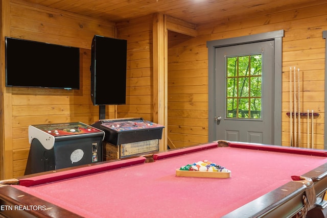 rec room with wooden ceiling, billiards, and wood walls