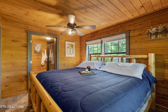 bedroom with ceiling fan, wood ceiling, wooden walls, and hardwood / wood-style floors