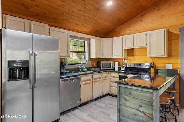 kitchen with wood ceiling, light hardwood / wood-style floors, stainless steel appliances, vaulted ceiling, and sink