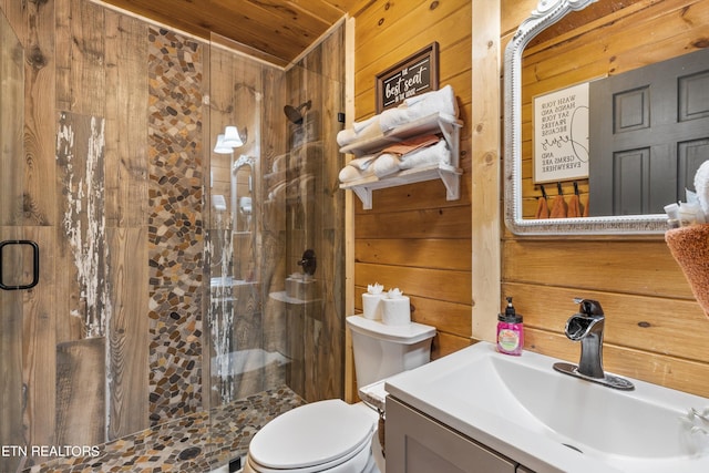 bathroom featuring wooden ceiling, toilet, vanity, and wooden walls