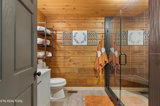 bathroom with vanity, wood ceiling, and wooden walls