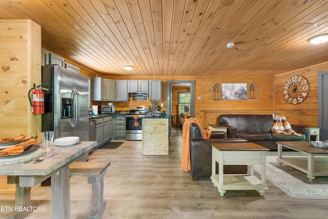 kitchen with light hardwood / wood-style floors, wooden ceiling, appliances with stainless steel finishes, and wooden walls