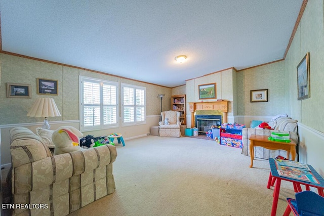 game room with a textured ceiling, carpet floors, lofted ceiling, and crown molding