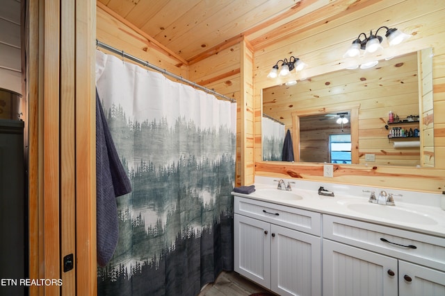 bathroom with vanity, wood ceiling, and wooden walls