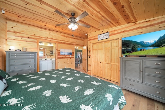 unfurnished bedroom featuring wood walls, ensuite bath, light hardwood / wood-style flooring, a closet, and wooden ceiling