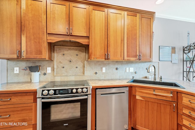 kitchen with backsplash, stainless steel dishwasher, sink, range with electric stovetop, and ornamental molding