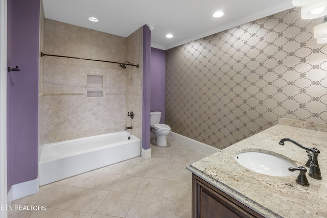 full bathroom featuring toilet, tile patterned floors, shower / washtub combination, and vanity