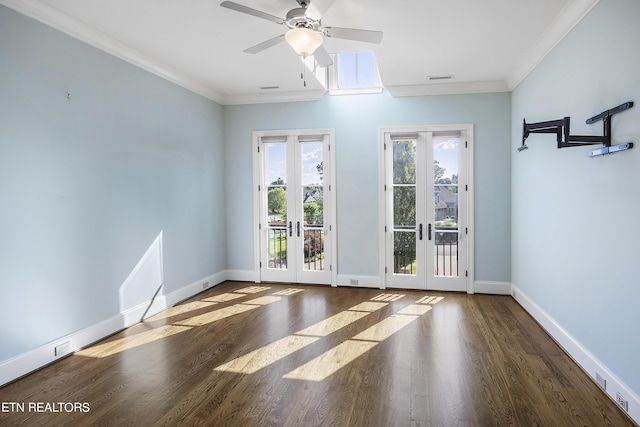 entryway featuring ceiling fan, french doors, crown molding, and dark hardwood / wood-style floors