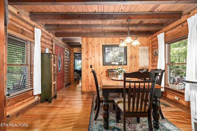 dining space featuring wooden ceiling, a notable chandelier, beamed ceiling, and log walls