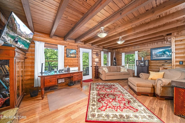 living room with beam ceiling, wood ceiling, rustic walls, and hardwood / wood-style flooring