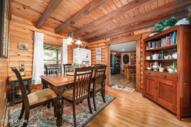 dining room with beamed ceiling, an inviting chandelier, light hardwood / wood-style floors, rustic walls, and wooden ceiling